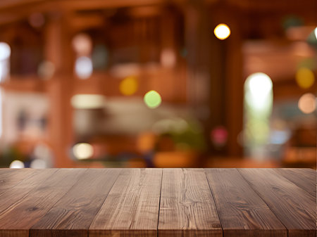 Empty wooden table and Coffee shop blur background with bokeh image.の素材