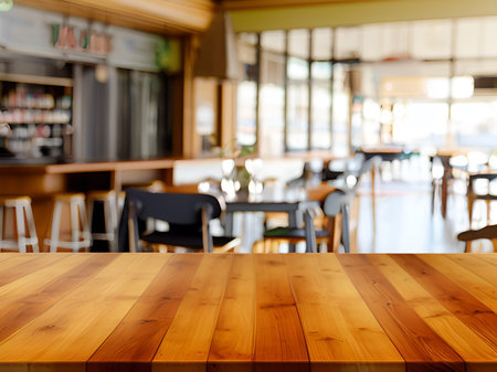 Selected focus empty brown wooden table and Coffee shop blur background with bokeh image.の素材