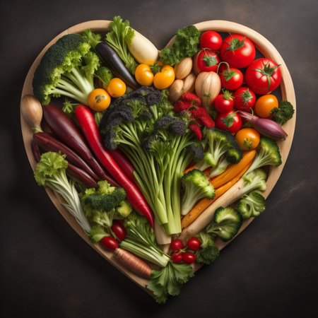 Heart shape made of fresh vegetables on dark background. Healthy food conceptの素材
