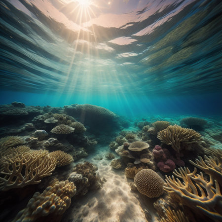 Underwater view of tropical coral reef with fish and sunbeamsの素材