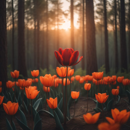 Orange tulips in the forest at sunset. Beautiful spring landscape.の素材
