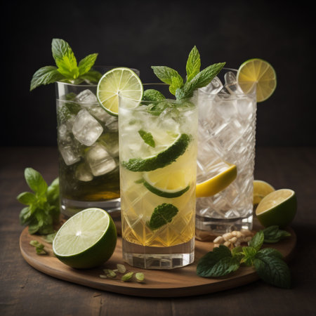 Mojito cocktail with lime, mint and ice on wooden backgroundの素材