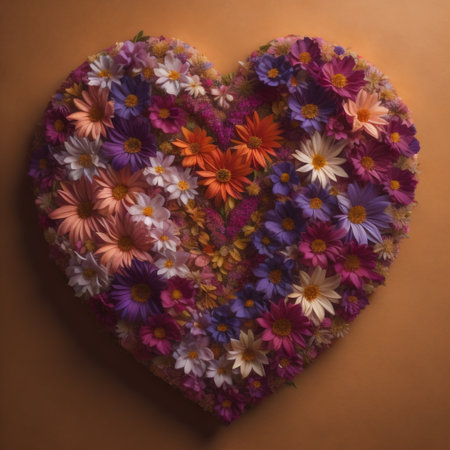 colorful heart with daisies on a brown background, top viewの素材