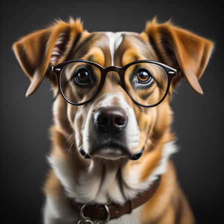 Portrait of a cute dog with glasses on a black background.の素材