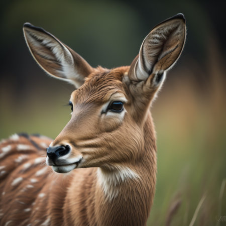 Portrait of a young male deer in the wild, side viewの素材