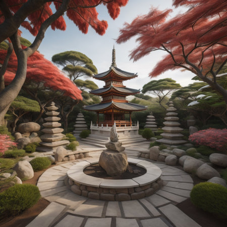 japanese temple in the garden. 3d render and illustrationの素材