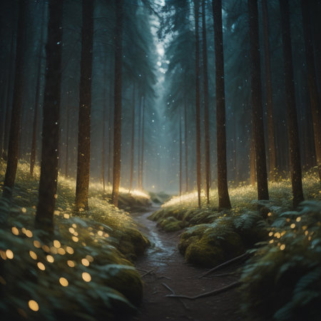Mysterious dark forest with a path leading to the light at nightの素材