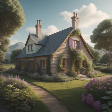 House in the garden. Digital painting. 3D illustration. Vintage style.の素材