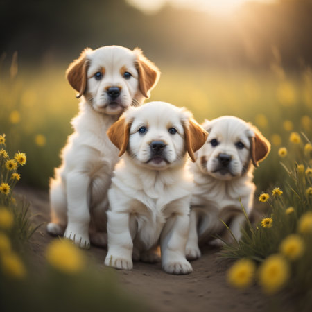 Three golden retriever puppies sitting in the field and looking at cameraの素材