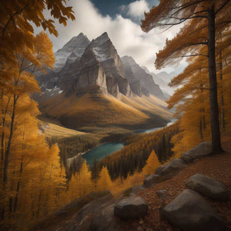 Fantastic autumn landscape with lake and mountains in the background.