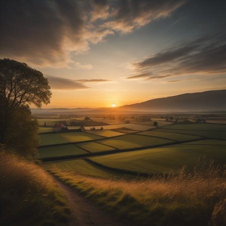 Sunset over the fields and village in the countryside. Beautiful summer landscape.の素材