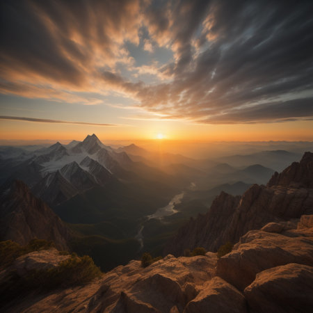 Beautiful sunset in the mountains. Landscape with mountains and cloudsの素材