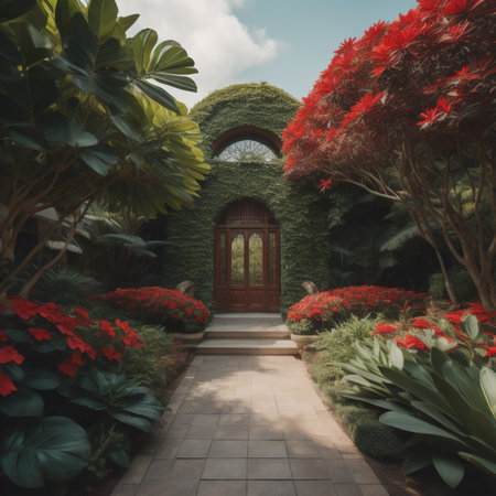 3d rendering of a beautiful garden with a door in the middleの素材