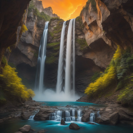 Beautiful waterfall in the mountains at sunset. Long exposure photo.の素材