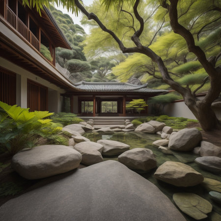 3D render of a Japanese garden with a japanese houseの素材