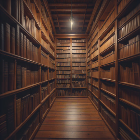 Old wooden library interior with bookshelves. 3D Renderingの素材