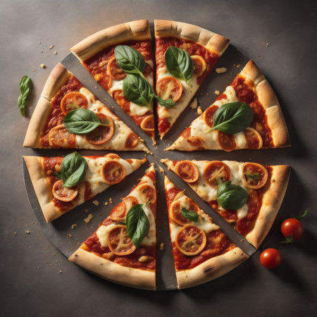 Pizza with mozzarella, tomato and basil on a dark backgroundの素材