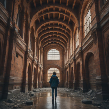 A young man in a jacket stands in an old building and looks into the distanceの素材