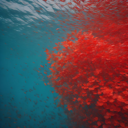 Underwater landscape with red algae and school of fish in blue waterの素材