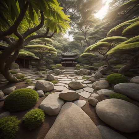 Japanese garden with stone path and pavilion,3d render.の素材