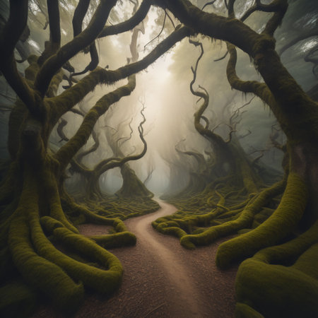 Fantasy forest with a path leading through it, 3d illustrationの素材