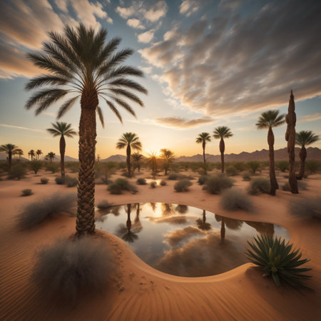 Desert landscape with palm trees and reflection in water. 3d renderの素材