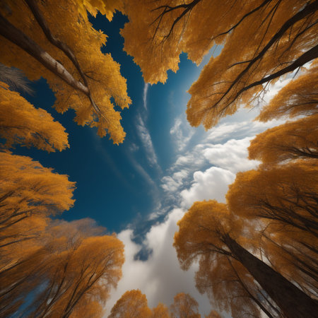 Autumn forest and blue sky with clouds 3d render illustration.の素材