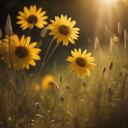 Yellow daisies on a meadow in the rays of the setting sunの素材