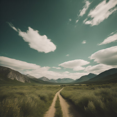 Dirt road through the steppe and mountains. Toned.の素材