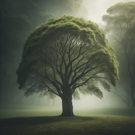 Beautiful old tree in a foggy forest. 3d renderingの素材