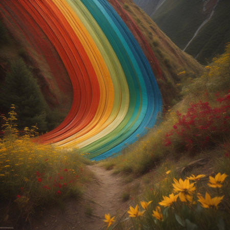 Colorful rainbow over the road in the mountains. Digital painting.の素材