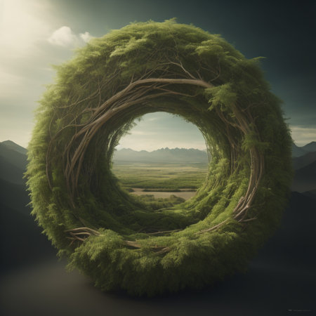 3d rendering of a planet made of grass in the middle of the mountainsの素材