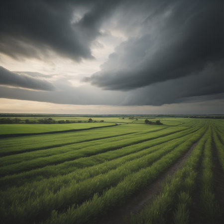 Rural landscape with green field and dark clouds before a thunderstormの素材