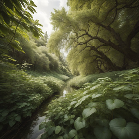 Green trees in the forest with a stream in the background. Long exposureの素材