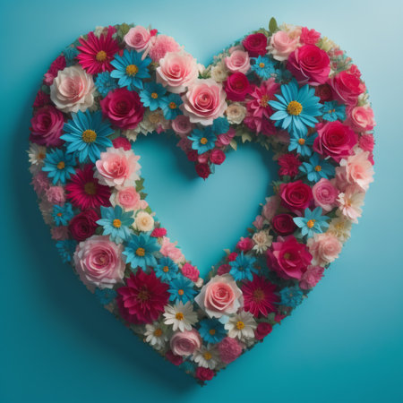 Heart made of colorful flowers on blue background, valentines day conceptの素材