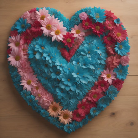 Colorful flowers in the shape of a heart on a wooden backgroundの素材