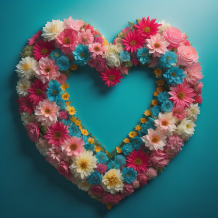 Heart shape made of colorful flowers on blue background. Valentines day concept.の素材
