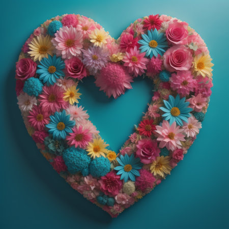 Heart shape made of colorful flowers on blue background with copy space.の素材