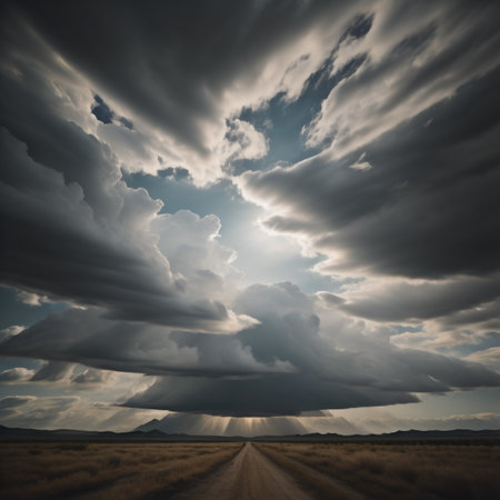 Dramatic sky with stormy clouds over road in the desertの素材