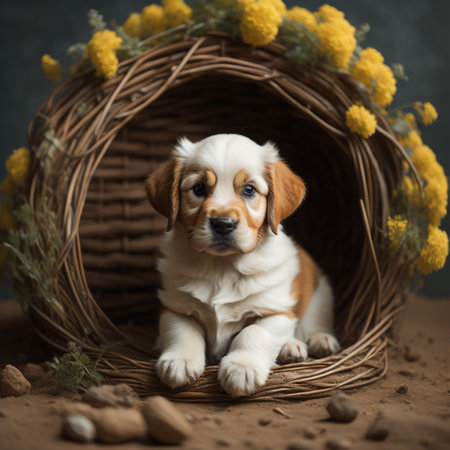 Portrait of a cute puppy in a wicker basket with yellow flowersの素材
