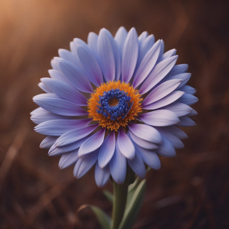 Beautiful blue flower in the meadow at sunset, close upの素材