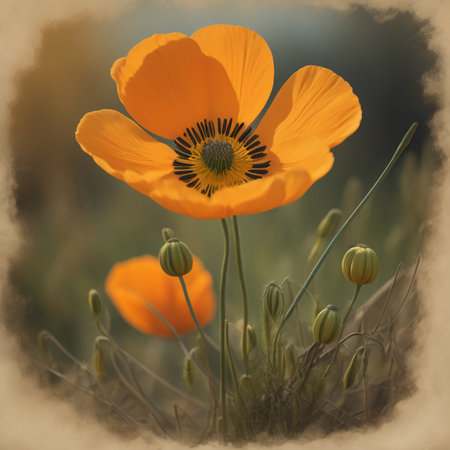 poppy flower in the meadow with grunge paper texture backgroundの素材