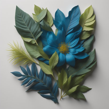 Creative layout made of blue flowers and green leaves. Flat lay. Nature concept.の素材