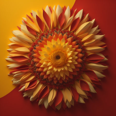 Colorful daisy flower on orange and yellow background. Top view.の素材