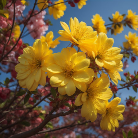 Yellow flowers of Japanese cherry blossoms on a background of blue skyの素材