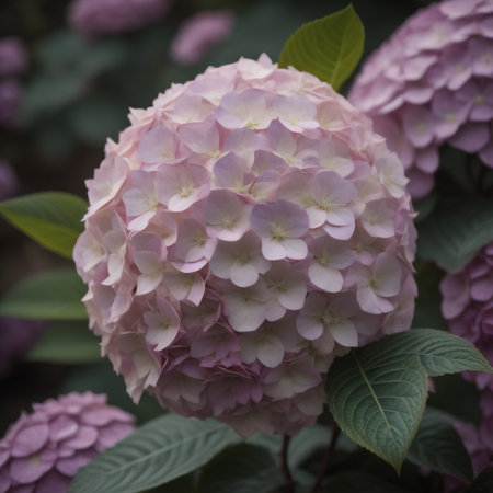 Hydrangea macrophylla in full bloom, close-upの素材