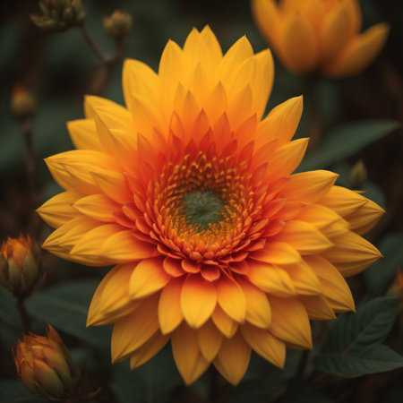 Close up of orange and yellow sunflower with green leaves in the gardenの素材