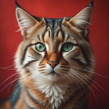Portrait of Maine Coon cat with green eyes on red backgroundの素材