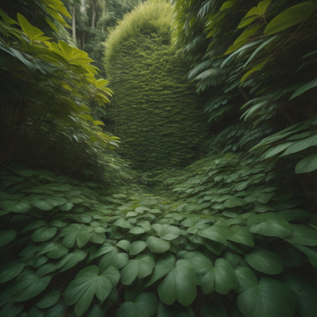 Green leaves tunnel in the jungle. Abstract nature background. Vintage tone.の素材