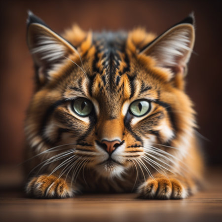 Portrait of a bengal cat on a wooden background.の素材